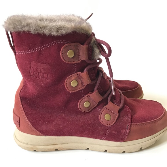 Sorel Explorer Joan Waterproof Boots Womens 8.5 Red Maroon Suede Faux Fur Snow - Picture 2 of 12